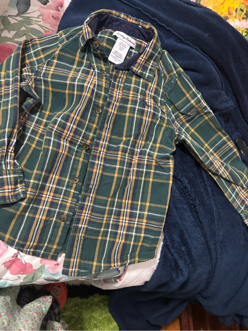 Tommy Bahama Green, Yellow & Navy Plaid Button-Up Shirt